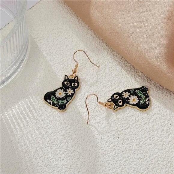 Adorable Black Cat Dangle Earrings - Cute Flower Jewelry Gift for Cat Lovers - Picture 4 of 5